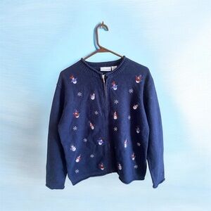 Vintage 90's Snowman Cardigan Women M Navy Blue Embroidered Winter Holiday Y2K